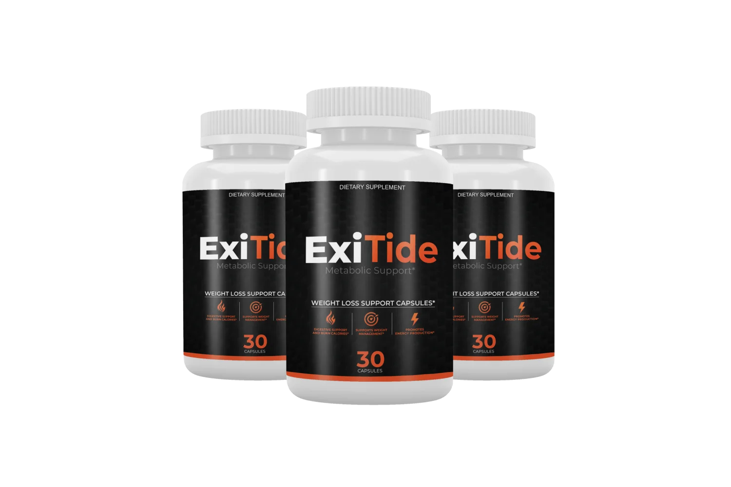 Three bottles of ExiTide metabolic support capsules, 30 capsules each